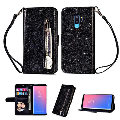 Evolveley's  iPhones Durable Slim Fit Magnet Flip Folio Luxury Glitter Sparkly Bling Leather Wallet Stand Cover Zipper Pocket Purse with Credit Card Holder&Wrist Strap for Women