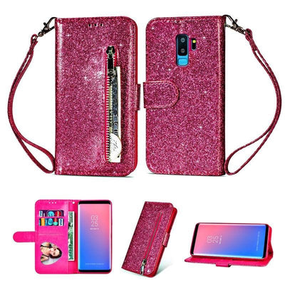 Evolveley's  iPhones Durable Slim Fit Magnet Flip Folio Luxury Glitter Sparkly Bling Leather Wallet Stand Cover Zipper Pocket Purse with Credit Card Holder&Wrist Strap for Women