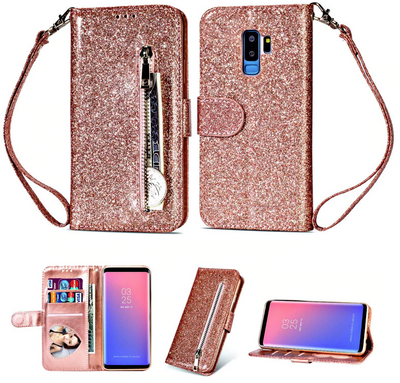 Evolveley's  iPhones Durable Slim Fit Magnet Flip Folio Luxury Glitter Sparkly Bling Leather Wallet Stand Cover Zipper Pocket Purse with Credit Card Holder&Wrist Strap for Women